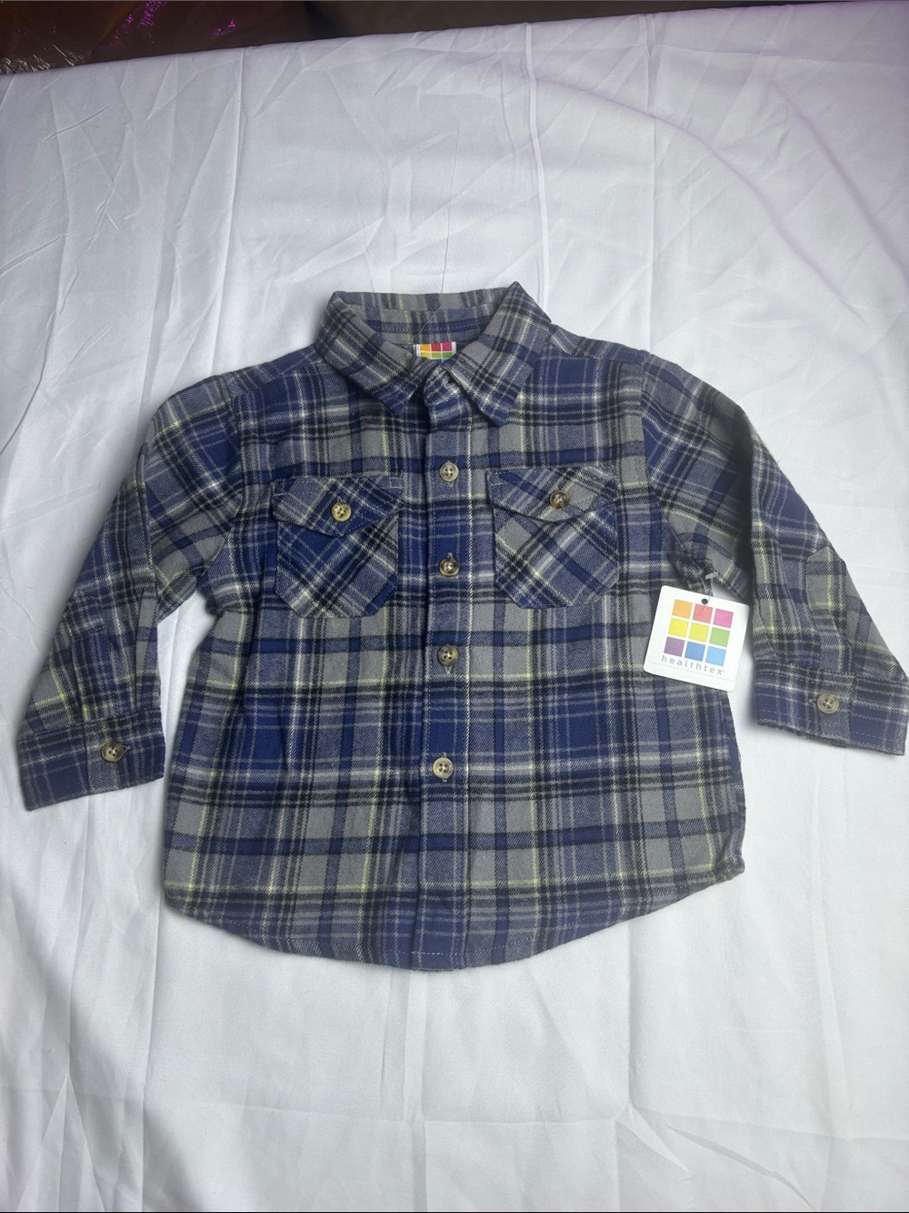 BNWT Toddler Boy’s healthtex Blue & Gray Plaid Flannel Button-Down Shirt. Sz 18m